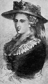 The only known portrait of Radcliffe, black and white image of a woman in a ruffled colour wearing a large hat